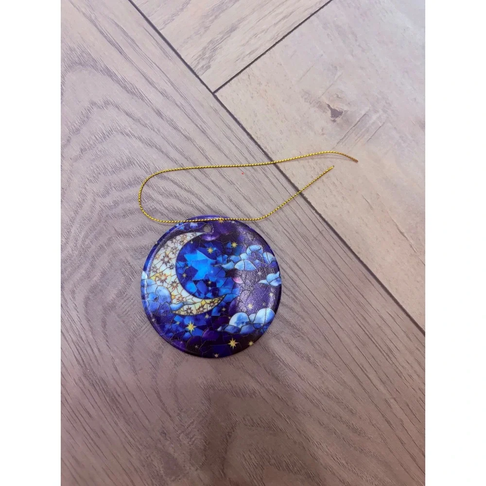 Celestial Crescent Moon Mosaic Ceramic Ornament Night Sky Stars Blue Purple Gold